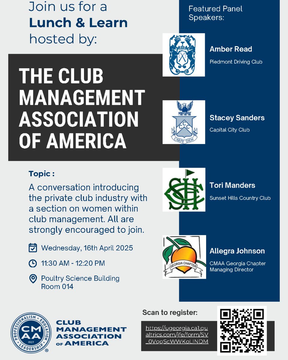 Join HFIM for a lunch and learn on April 16th, 11:30 AM - 12:20 PM at The Poultry Science Building, Room 014. The Club Management Association of America discusses "Women in Club Management." Register at ow.ly/KuX550VxIht
