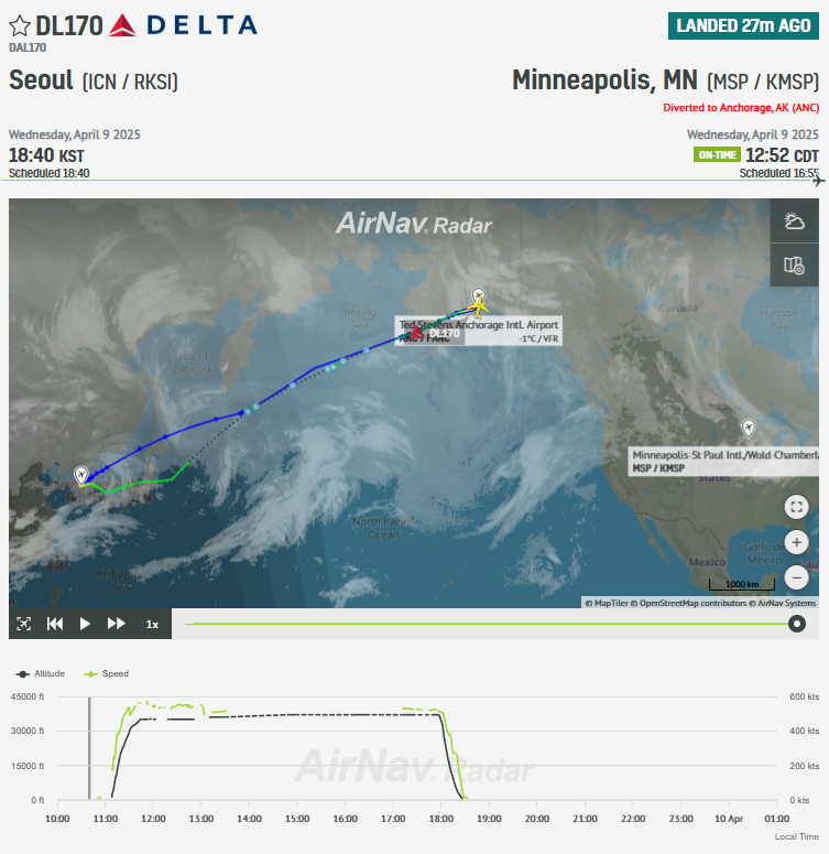 AvSourceNews's tweet photo. Within the last hour, Delta Air Lines flight DL170 bound for Minneapolis from Seoul had to divert to Anchorage due to an agitated passenger onboard.
https://t.co/4sKYlqEAmm
@AirNavRadar
#DeltaAirLines #DL170 #Minneapolis #Seoul #Anchorage #KidRock #AvGeek https://t.co/iKEvdvqkAi