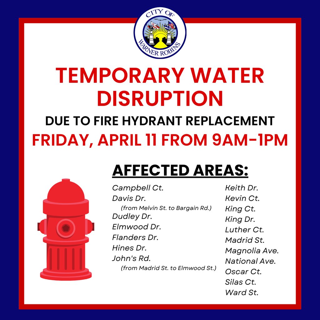 Temporary Water Disruption 
The Utility Department will be replacing a leaking fire hydrant located at the corner of Madrid St &amp;  Elmwood Dr on FRIDAY April 11. Water service will be temporarily shut off from 9AM - 1 PM. See all affected area: wrga.gov/article/2139315