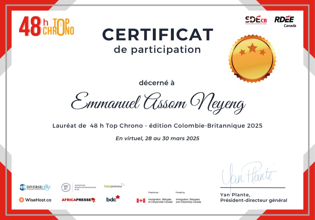 48h. Une équipe. Une idée. Une aventure humaine intense.
Heureux d’avoir participé à #48TopChrono organisé par la #SDECB et le #RDEECanada.

Notre projet a terminé 2e !
Merci à mes coéquipiers et aux organisateurs pour cette expérience inoubliable.
#Entrepreneuriat #Innovation