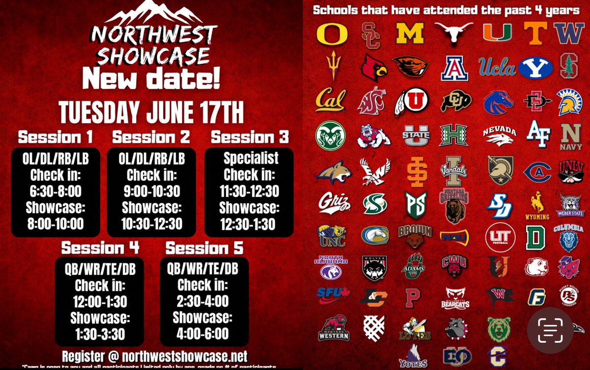 THENWSHOWCASE's tweet photo. ICYMI 

This week we have added multiple Division 1 schools and New Guest Speaker Washington State Head Coach Jimmy Rogers. 

⭐️ More announcements coming soon! 

Some positions are at or past half capacity! 

Get signed up before it’s too late! 

https://t.co/1MJKUK2qVC