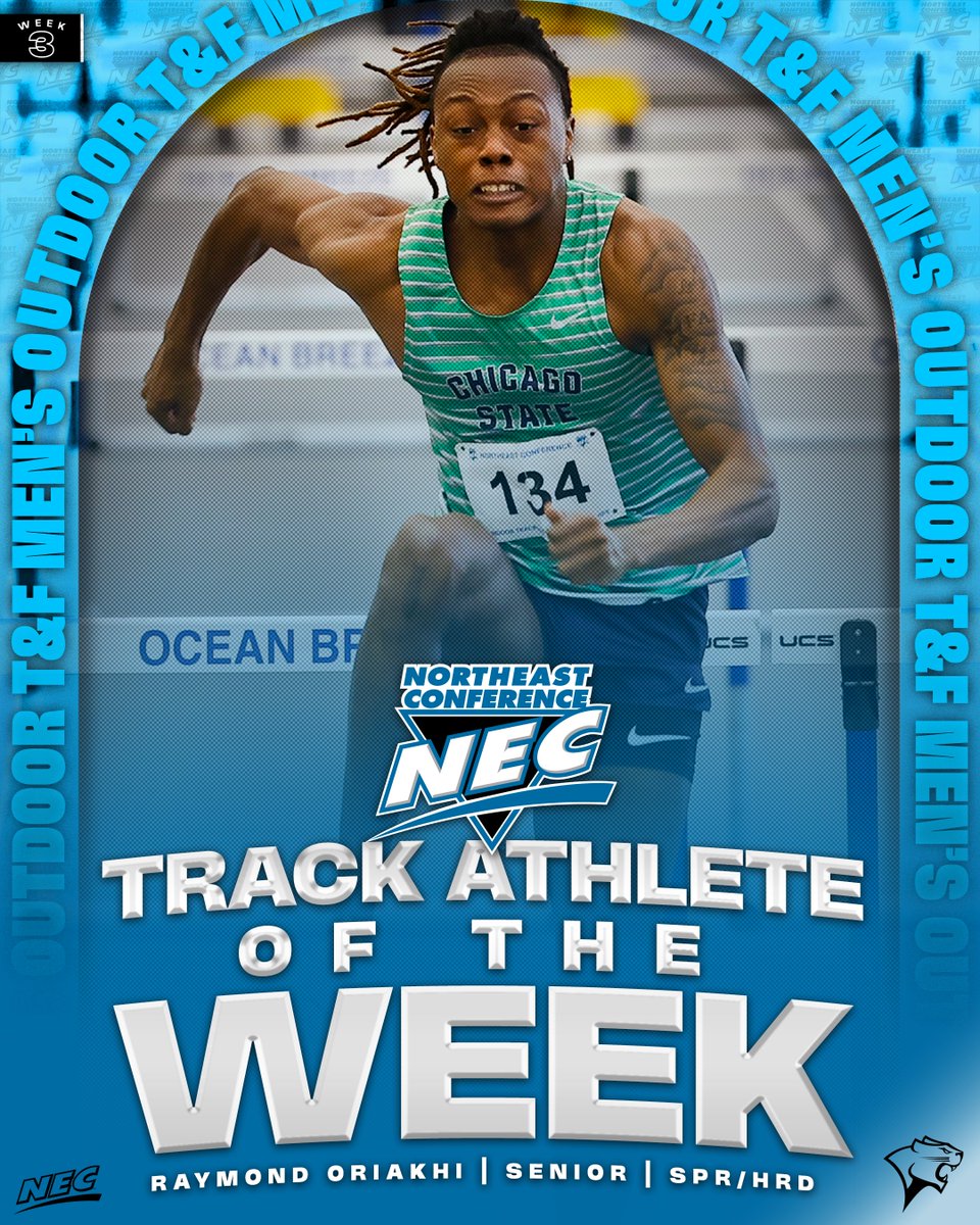 nectrack's tweet photo. 🏃‍♂️🏅The Men's #NECTrack Track Athlete of the Week is 𝗥𝗮𝘆𝗺𝗼𝗻𝗱 𝗢𝗿𝗶𝗮𝗸𝗵𝗶 from @ChiStateCougars‼️  

» Ran a PR in the 110mH (13.78) &amp; 400mH (53.75)⌚️
» Both ⌚️s are 🥇 in the NEC
» His 110m hurdles mark is T-29th in DI👀

#NECelite📜 x #NECTAOW https://t.co/oLU3446GVs