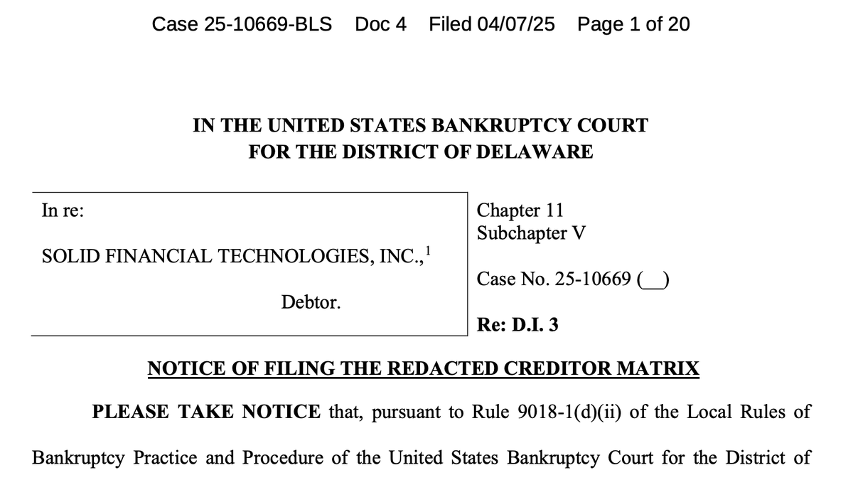 mikulaja's tweet photo. SCOOP: Another BaaS platform bankruptcy (yes, it involves troubled Evolve Bank & Trust)

BaaS platform Solid declares bankruptcy; it had partnered with Evolve Bank & Trust, CBW Bank & Lewis & Clark Bank.

What we know:

Solid memorably was sued by its own investors, FTV, who accused the company of manipulating revenue numbers during its Series B fundraise. The matter was ultimately settled with Solid buying back FTV's stake at a 56% discount.

Solid and Evolve have also been embroiled in lawsuits stemming from Solid's relationship with EZBanc, an entity with links to a convicted Russian money launder.

Suits stemming from the EZBanc relationship accuse Solid and Evolve of fraud, negligence, and breach of fiduciary duty, among other allegations.

Now, the company is seeking Chapter 11 bankruptcy protection, according to a petition filed in U.S. Bankruptcy Court in Delaware on Monday, April 7th.

Some elements of the filings worth noting:

-The 20 largest unsecured creditors include Amazon (AWS), regulatory consulting shop FS Vector, Visa, Plaid, Trulioo, Spade, and law firms that include Quinn Emanuel Urquhart & Sullivan, Young Conaway Stargatt & Taylor, and Perkins Coie.

-The company's balance sheet as of Feb 28 shows about $9.6 million in cash in bank accounts at Brex, Evolve, First Republic, Lewis & Clark, and other entities (including an overdrawn account at Wells Fargo); the balance sheet also reflects about $638,000 in other current assets.

-The balance sheet reflects over $4.1 million in current liabilities, including accounts payable, accrued payroll, and customer reserves.

-According to an FBAR filed in 2023, Solid maintained bank accounts in India at Axis Bank and IDFC First Bank.

-According to Solid's 2023 tax return, it took in about $4.5 million in gross sales and posted a net loss of $12.7 million.

-Solid has 69 current shareholders, 25 holders of options or restricted stock units, and 131 former shareholders.

Based on the February P&L including in the bankruptcy filing, it appears there are still programs live and running through Solid, as the statement includes revenue from platform fees, interchange, and customer deposits (eg interest payments from bank partner(s)).

A quick scan of sites that list T&Cs that include Solid suggest programs that may still be live could include Prosperiti, which appears to be a kind of neobank for Seventh Day Adventists, Re-entry Pay, a neobank for the formerly incarcerated, Exhale, an employer-distributed EWA/cash advance product, and Struxtion, a construction management platform.

It couldn't immediately be confirmed if these programs are currently live on Solid (or at all.)

A Chapter 11 bankruptcy is for a reorganization; according to the docket, Solid has elected to file under Chapter V, which is a streamlined process that does not require creditor approval of the reorganization plan, if the court deems it to be "fair and equitable."

There were new filings filed as I wrote this, so stay tuned here or to Fintech Business Weekly for more on this as it develops.