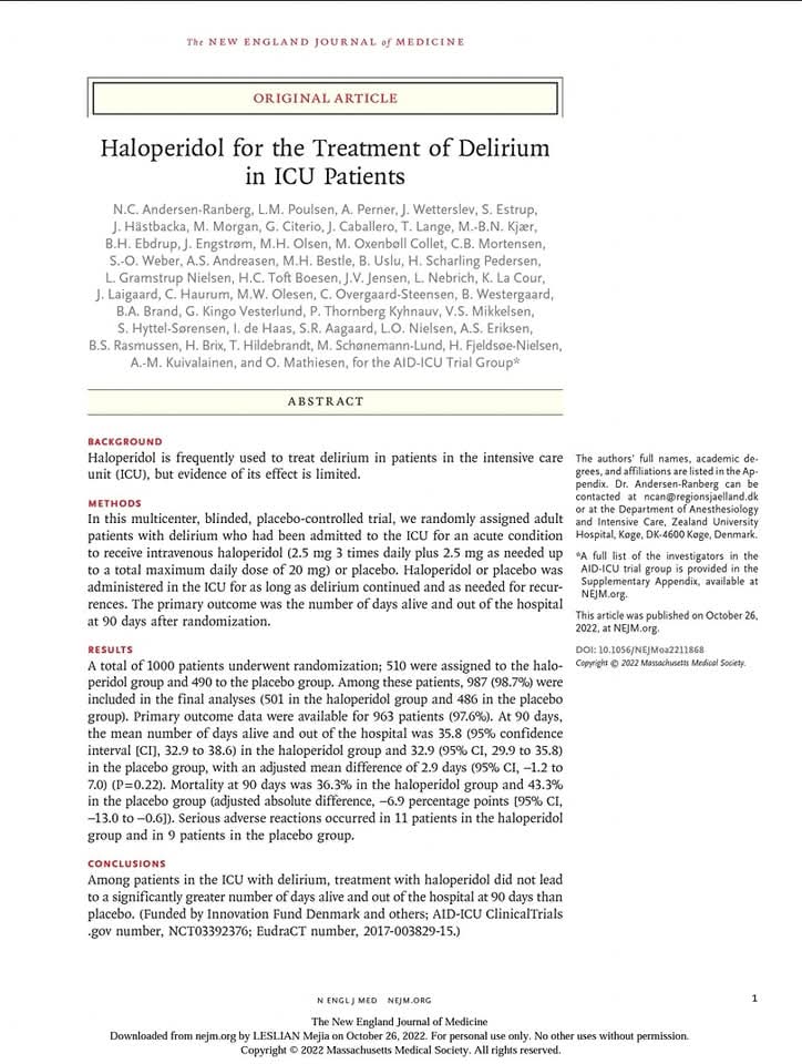 LeslieMegom's tweet photo. Haloperidol para el tratamiento del delirio en pacientes de la UCI 🛌¿Cuál es la evidencia?💊💉
🔰En este ensayo aleatorizado, el tratamiento con haloperidol no aumentó el número de dias de supervivencia y fuera del hospital entre los pacientes de la UCI con delirio.
- 🔍No necesario monitorizar si dosis ≤2mg. 
-🔍 ECG previo si factores de riesgo para Torsades de Pointes y ECG posterior si dosis > 5mg.
-🔍Entre los pacientes que tenían un alto riesgo de falla en la extubación, las pruebas de respiración espontánea  no resultaron en un número significativamente mayor de días sin ventilador en el día 28 que las pruebas de respiración espontánea realizadas con una pieza en T.
-🔍Entre los adultos en estado crítico que recibieron ventilación mecánica invasiva, la cantidad de días sin ventilador no difirió entre los grupos en los que se utilizó un objetivo de Spo2 más bajo (88-92), intermedio (92-96) o más alto (96-100)..
- 🔍La duración media diaria (±DE) de la movilización activa del paciente fue de 20,8±14,6 minutos y 8,8±9,0 minutos en ambos grupos.
👇🏻👇🏻👇🏻👇🏻👇🏻👇🏻
https://t.co/lyONvHB9qi
👇🏻👇🏻👇🏻👇🏻👇🏻👇🏻
https://t.co/6pHaRSGE9V