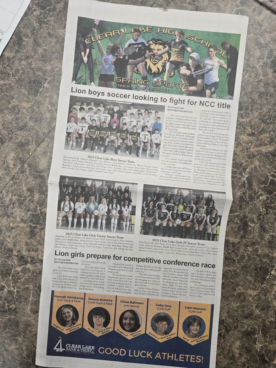 2025 Spring Sports Previews are out! 

A big thank you to thr advertisers for making this possible (IN FULL COLOR) as well as the coaches, players, <a href="/CLLionActivity/">Clear Lake Lion Activities</a> Ben Klapperich and <a href="/TurnerImagingIA/">Turner Imaging</a> for availability, setting things up and making it an "easy" process!
