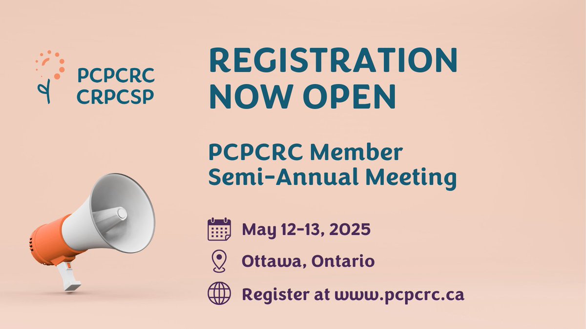 📢PCPCRC members: Registration is now open for our next Semi-Annual Meeting! This year, join us May 12th-13th in Ottawa.

See your member dashboard on our website for more details and to register: pcpcrc.ca/sign-in/