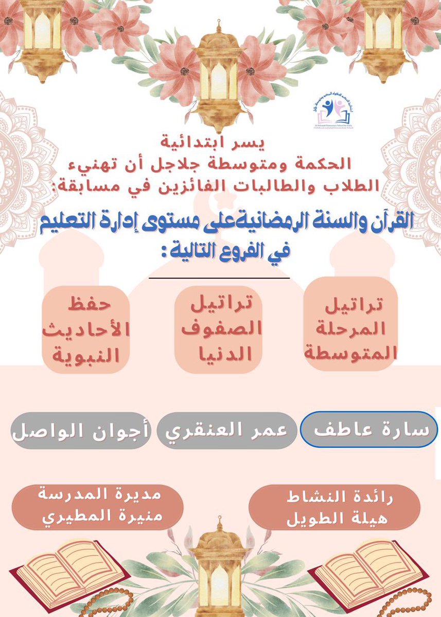 haat_2012's tweet photo. بتوفيق الله وكرمه فقد فازت طالبات وطلاب مدرستنا بمراكز متقدمه في
_المسابقه_الرمضانيه_للقرآن_والأحاديث_النبوية

على مستوى إدارة تعليم المجمعة 

تهانينا القلبية لهم ومزيدا من التألق والنجاح ❤️ https://t.co/kHRQZrc5GN