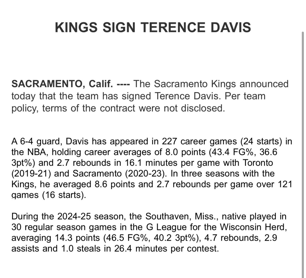 BrendenNunesNBA's tweet photo. The Kings announced the official signing of Terence Davis. https://t.co/HiESFPVux2