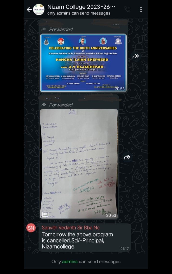 battanithin5's tweet photo. నిజం కళాశాలలో బహుజన మహనీయుల జయంతిని జరగకుండా కక్షపూరితంగా అడ్డుకున్న ప్రిన్సిపల్ AV రాజశేఖర్ 
విద్యార్థులు సొంతంగా నిధులతో ఉత్సవాలకు పర్మిషన్ అడగగా 7వ తారీఖున పర్మిషన్ ఇచ్చిన ప్రిన్సిపల్ 13 గంటల సమయం ఉంది అనగా ప్రోగ్రాం క్యాన్సల్ అని అనౌన్స్ చేసారు @revanth_anumula @kt https://t.co/Asj2qXlfJt