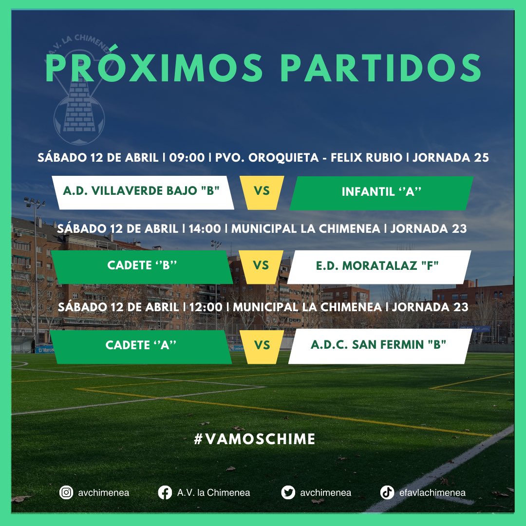 avchimenea's tweet photo. ⚽️¡𝑵𝑼𝑬𝑽𝑨 𝑱𝑶𝑹𝑵𝑨𝑫𝑨 𝑫𝑬 𝑳𝑰𝑮𝑨!💚

ℹ️ Salvo el Prebenjamin “B”, las categorías inferiores tendrán descanso este fin de semana. 

#vamoschime💚 #liga #jornada #partido #federado #temporada #usera #madrid #avchimenea https://t.co/Z4vW2xWP7v