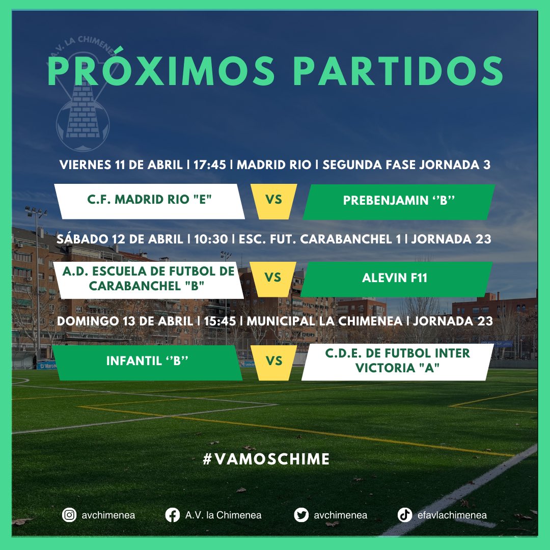 avchimenea's tweet photo. ⚽️¡𝑵𝑼𝑬𝑽𝑨 𝑱𝑶𝑹𝑵𝑨𝑫𝑨 𝑫𝑬 𝑳𝑰𝑮𝑨!💚

ℹ️ Salvo el Prebenjamin “B”, las categorías inferiores tendrán descanso este fin de semana. 

#vamoschime💚 #liga #jornada #partido #federado #temporada #usera #madrid #avchimenea https://t.co/Z4vW2xWP7v