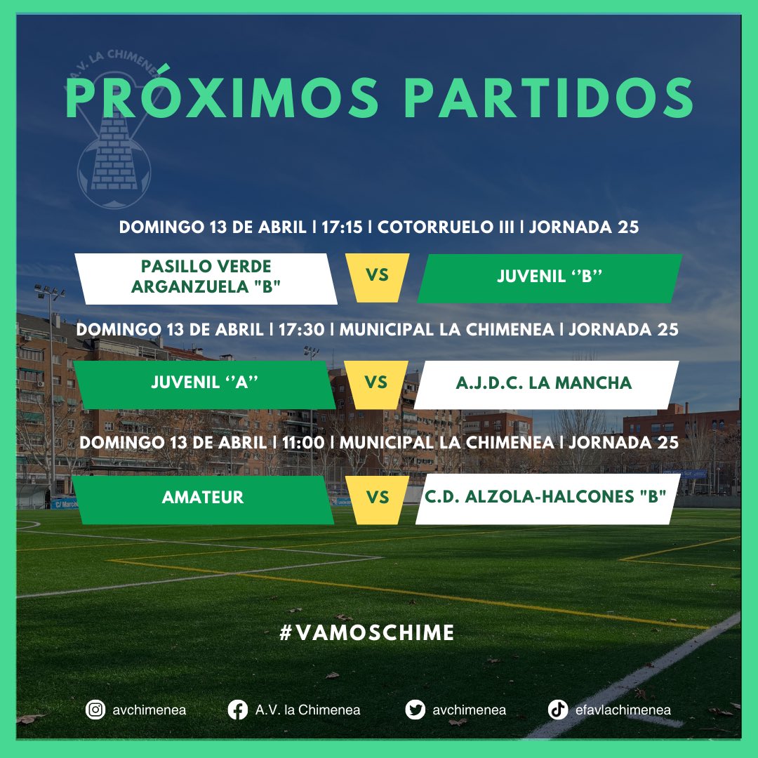 avchimenea's tweet photo. ⚽️¡𝑵𝑼𝑬𝑽𝑨 𝑱𝑶𝑹𝑵𝑨𝑫𝑨 𝑫𝑬 𝑳𝑰𝑮𝑨!💚

ℹ️ Salvo el Prebenjamin “B”, las categorías inferiores tendrán descanso este fin de semana. 

#vamoschime💚 #liga #jornada #partido #federado #temporada #usera #madrid #avchimenea https://t.co/Z4vW2xWP7v