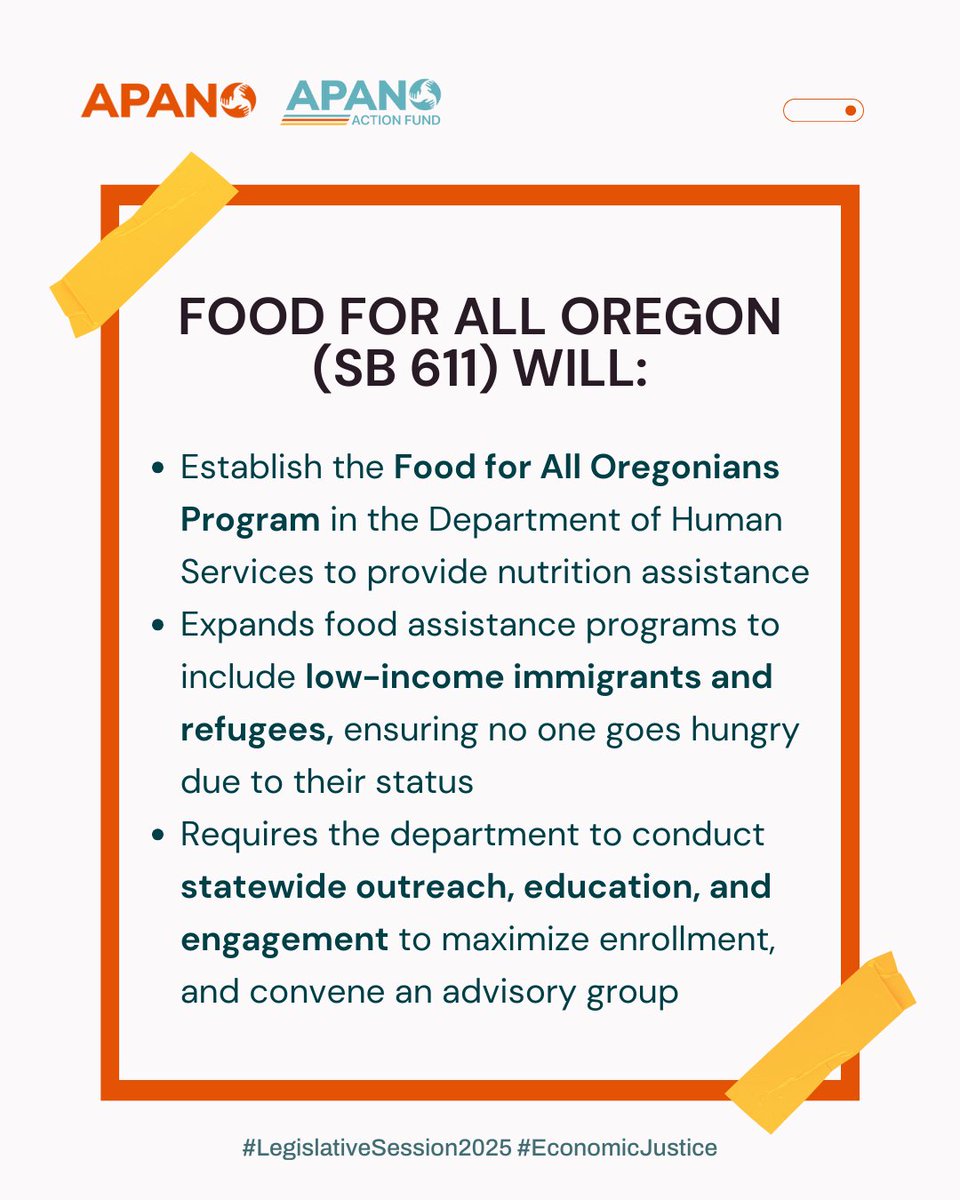 APANOCUF's tweet photo. APANO is proud to support SB 611: Food for All Oregon! 🥙🧡

Food is a basic human right regardless of immigration status. APANO supports providing nutrition assistance to all Oregonians. 

#ORPol #ORLeg #LegSession2025 https://t.co/lcXY3jVdwb