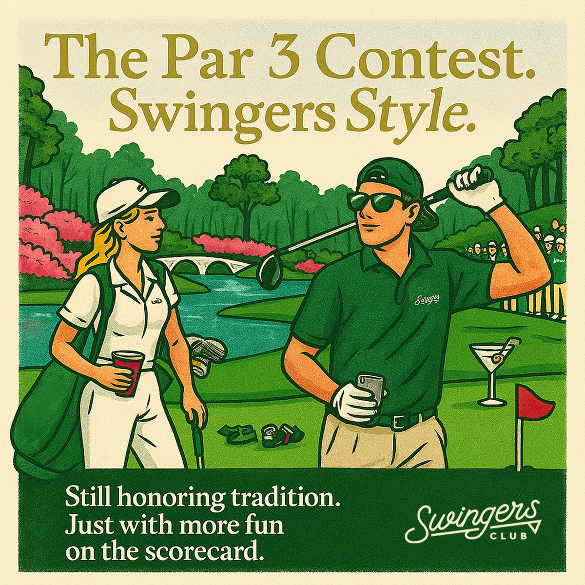 SwingersCrypto's tweet photo. Before the green jackets come out, the real fun begins.
The Masters Par 3 Contest is all about smiles, short irons, and shots that don’t always make the highlight reel.
We respect the tradition — we just bring a little more flavor to it. 🍸

“The Par 3 Contest. Swingers Style.” https://t.co/y7wzWtkILc