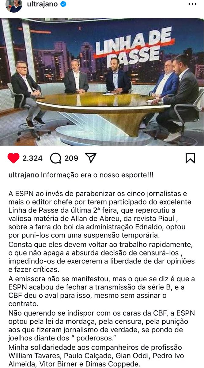 esporteperolas's tweet photo. Ex-diretor da @ESPNBrasil , José Trajano, detona postura na emissora em relação a censura aos jornalistas que foram punidos a pedido da CBF. https://t.co/zBEZwTM4xm