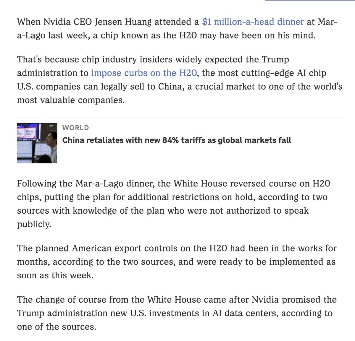 H20 chips are great at inference (i.e. deploying AI models on tasks), which is more important in the "reasoning" model paradigm initiated by OpenAI's o1 and perhaps made most famous by DeepSeek's R1.

Excellent reporting: npr.org/2025/04/09/nx-…
