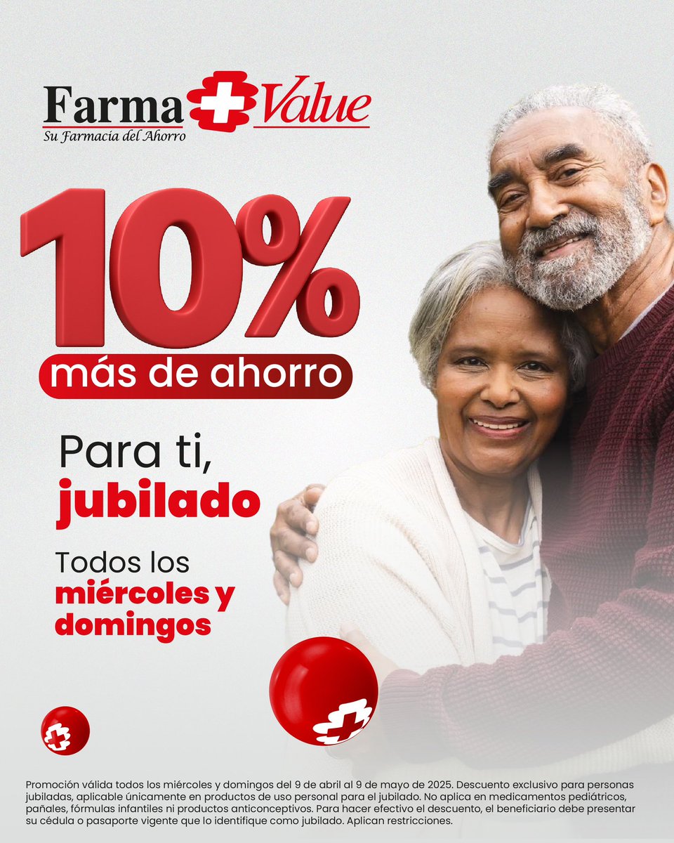 radiopanama's tweet photo. 💊🧓🏾👵🏼✔️
10% más de ahorro para ti, jubilado
Todos los miércoles y domingos 📆
Tu plata rinde más porque el ahorro aquí es real
Solo presenta tu cédula o pasaporte vigente ✅
#FarmaValue #AhorroReal #Jubilados
📍🩺📅 https://t.co/NreXahWDDG