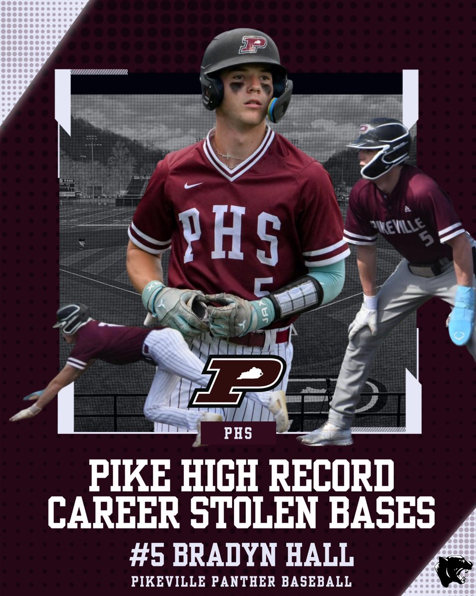 𝐓𝐡𝐞 𝐏𝐚𝐧𝐭𝐡𝐞𝐫 𝐒𝐭𝐨𝐥𝐞𝐧 𝐁𝐚𝐬𝐞 𝐊𝐢𝐧𝐠 👑

Congratulations to Senior CF, #5 Bradyn Hall, on breaking the Pikeville High School Baseball Record for Stolen Bases in a Career!

He surpasses John Mims (‘99) &amp; Jarrod Frasure (‘03) who were tied at 85.

#HailPikeville 🐾