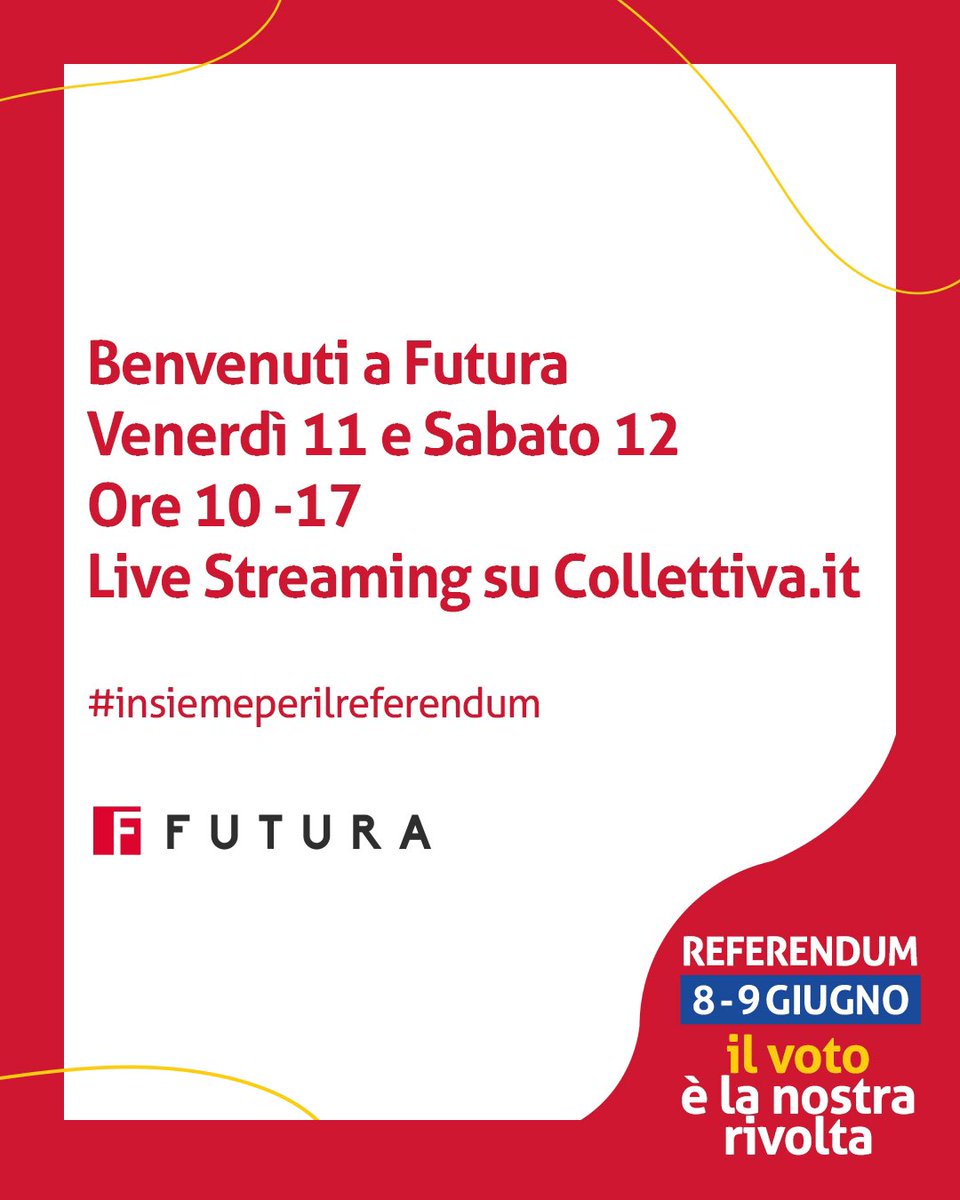 Tutto pronto per Futura 2025, la due giorni di idee, proposte e confronti su voto e partecipazione alla Camera del Lavoro di Milano, venerdì 11 e sabato 12, in cui la #CGIL darà il via alla campagna per il #Referendum2025.
 
#insiemeperilreferendum