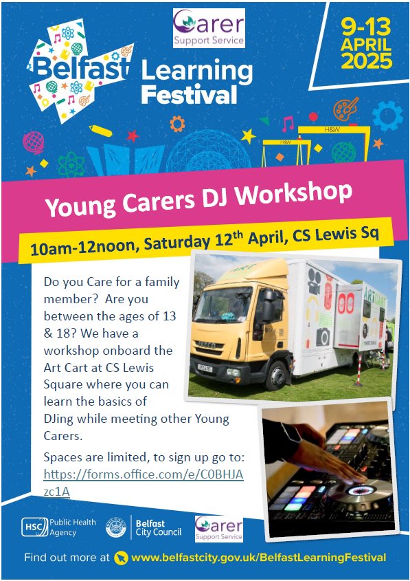 Do you know a Young Carer who would love an opportunity to learn the basics of DJing?

Jump onboard the Art Cart in CS Lewis Square this Saturday thanks to the Carer Support Service! 

Sign up to the DJ workshop here: forms.office.com/e/C0BHJAzc1A