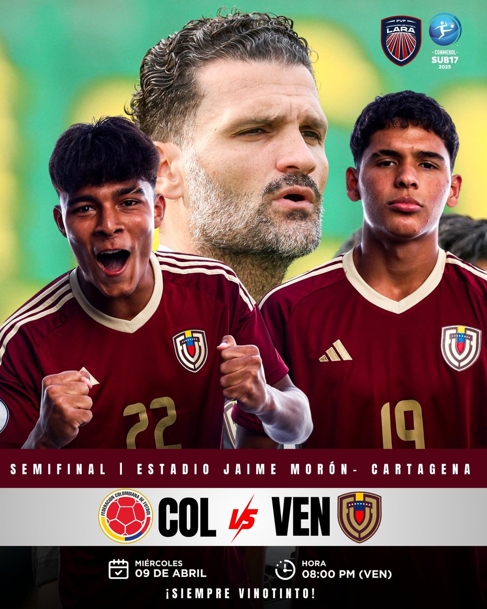SomosAfel's tweet image. ¡𝐒𝐈𝐆𝐀𝐌𝐎𝐒 𝐇𝐀𝐂𝐈𝐄𝐍𝐃𝐎 𝐇𝐈𝐒𝐓𝐎𝐑𝐈𝐀 @juvenilesfvf! 🇻🇪🫂

Hoy vamos JUNTOS por una nueva victoria 💪🏽

⚽️ Colombia - 𝑽𝒆𝒏𝒆𝒛𝒖𝒆𝒍𝒂 
🏆 Semifinal - CONMEBOL #Sub17 
🏟️ Estadio Jaime Morón, Cartagena
⌚️ 8:00 PM (VEN) 

¡Vamos, VINOTINTO! 👏🏼🇻🇪

#SomosAFEL #TeamAFEL