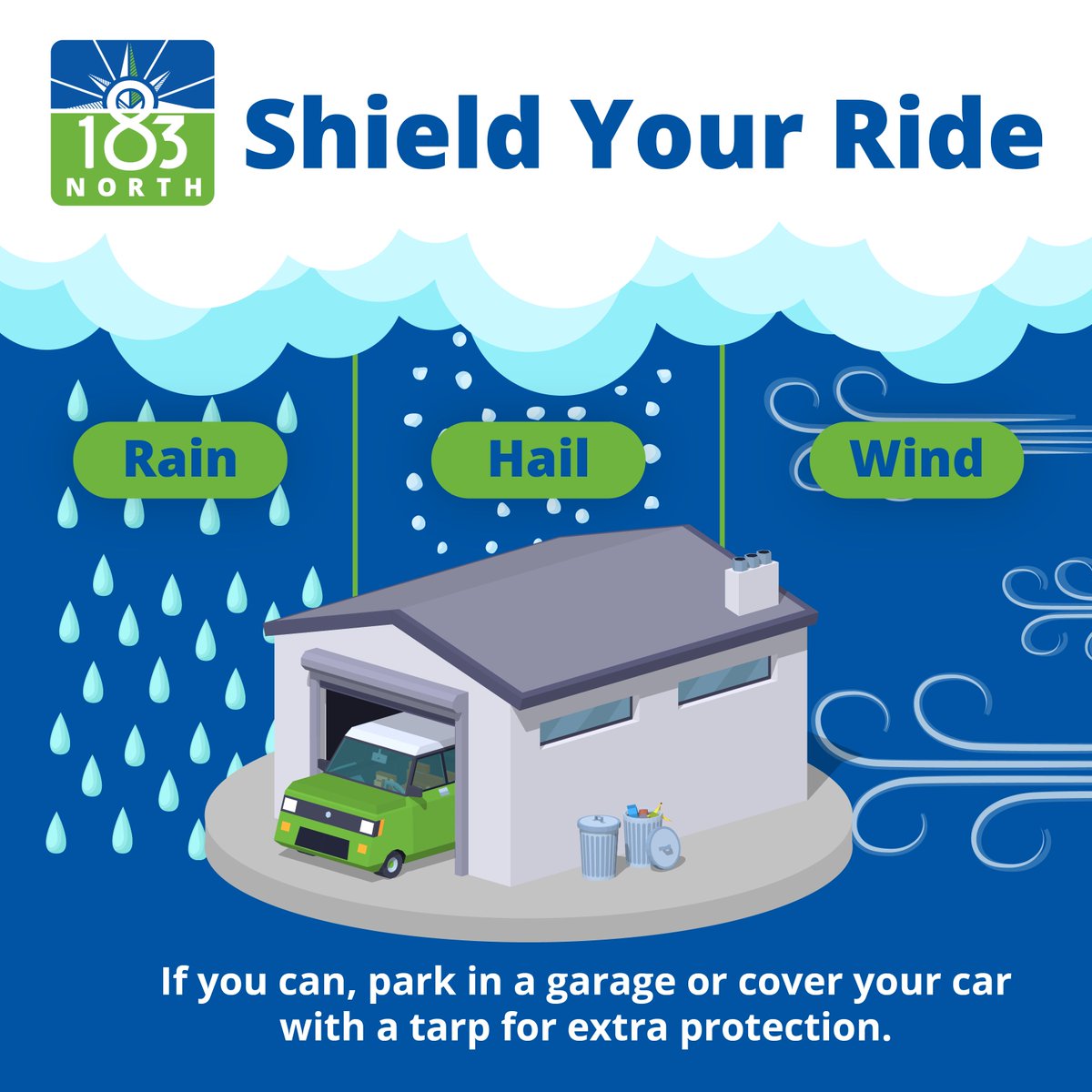 183North's tweet image. April showers bring May flowers! With spring storms ramping up, here's your reminder to drive safely and protect your car from hail. Tip: If you can, park in a garage or cover your car with a tarp for extra protection. #SpringSafety #HailProtection