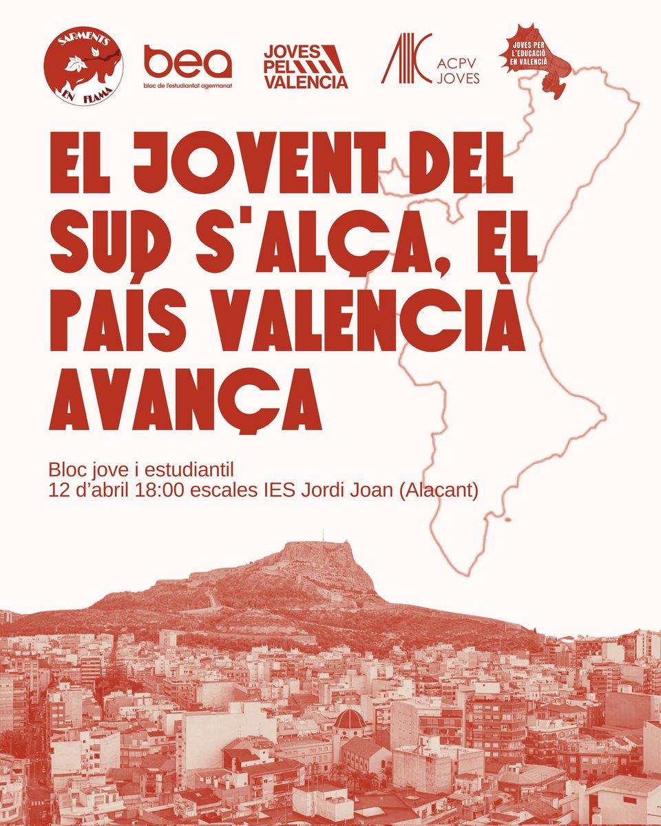 ‼️Ens organitzem baix el lema "El jovent del sud s'alça, el País Valencià avança" per a fer bloc i assistir a la manifestació del 12 d'abril.
Per unes comarques del sud ben vives i valencianes, acudeix amb nosaltres!