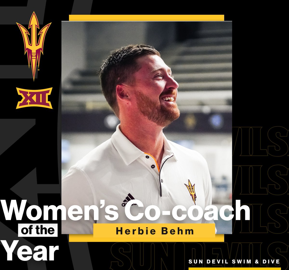 Sun Devil Swim/Dive (@asuswimdive) on Twitter photo THAT'S OUR COACH 👏
Congratulations to <a href="/SirHerb_the3rd/">Herbie Behm</a> for winning <a href="/Big12Conference/">Big 12 Conference</a> Men's Coach of the Year and Women's Co-Coach of the Year!
#ForksUp /// #O2V THAT'S OUR COACH 👏
Congratulations to <a href="/SirHerb_the3rd/">Herbie Behm</a> for winning <a href="/Big12Conference/">Big 12 Conference</a> Men's Coach of the Year and Women's Co-Coach of the Year!
#ForksUp /// #O2V