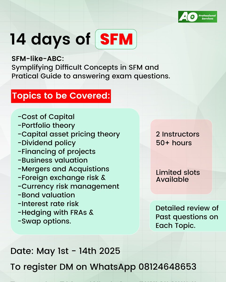 Are you sitting for SFM in ICAN May  2025 diet exams? 

Be a part of the 14 days of SFM themed SFM Like ABC covering essential topics, including detailed review of past questions on these topics. 

We can help you pass SFM without breaking a sweat. 

Enrol now. 

Registration