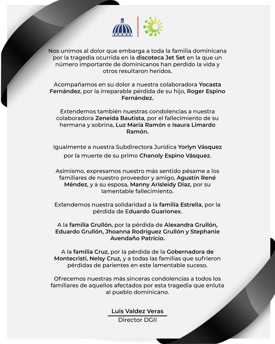 DGii's tweet image. Nos unimos al dolor que embarga a toda la familia dominicana.
