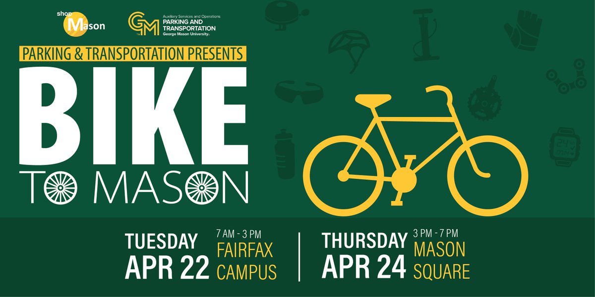 🌎🚲 Ditch the car and ride to campus for Bike to Mason Day! Join us on April 22 at the Fairfax campus &amp; April 24 at Mason Square for fun, freebies, and all things biking!
 
#shopMason #GMU #GeorgeMasonUniversity #MasonParking #BikeToWork #BikeToSchool <a href="/MasonParking/">George Mason Parking</a> <a href="/sustainMASON/">George Mason University Sustainability</a>