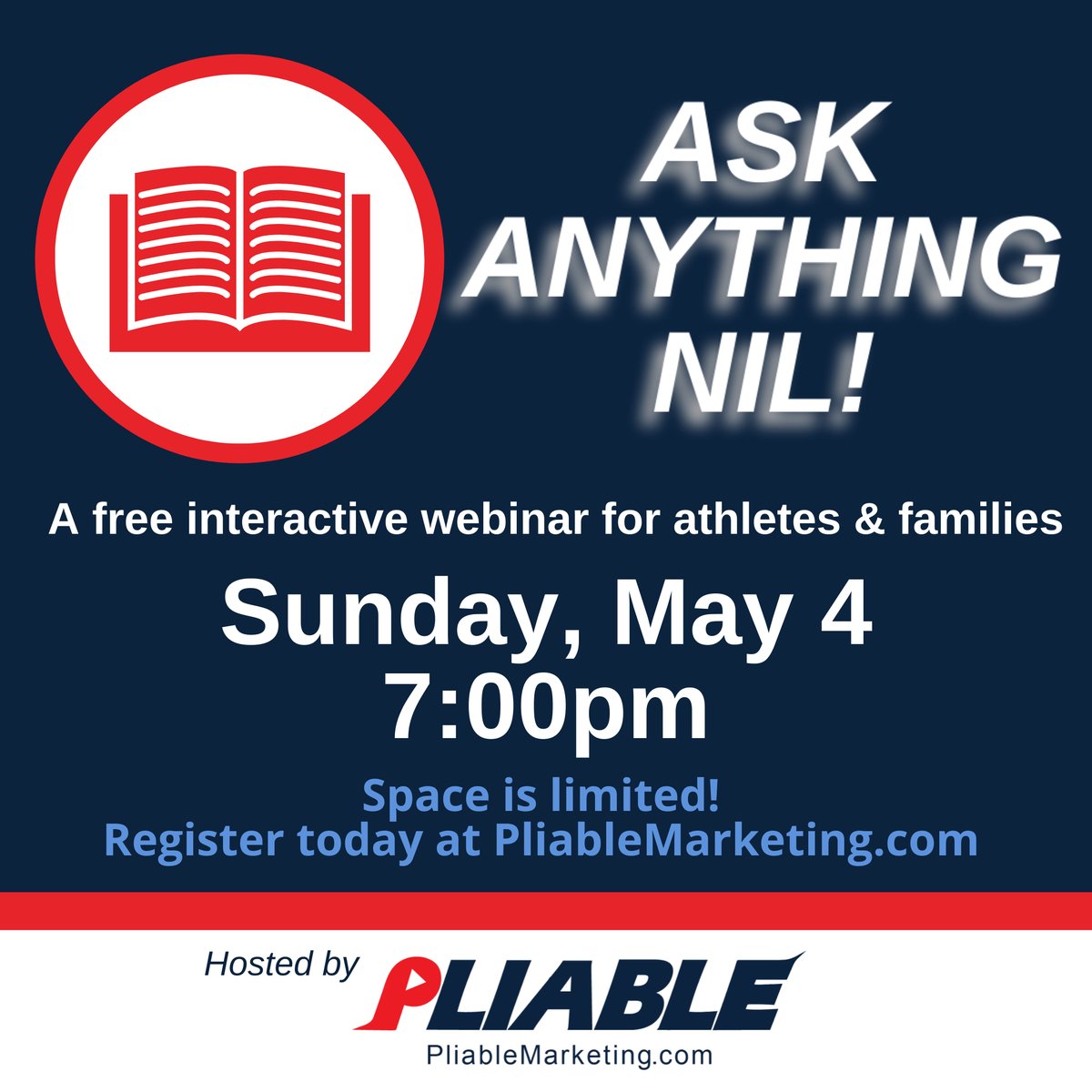 PliableMktg's tweet photo. Just announced! 📢 Spread the word! Pliable will host two FREE live webinars to provide NIL education for athletes and businesses. Space is limited. Register now at https://t.co/Yiu92APVH9! #NIL #nameimageandlikeness #NILforgood #education #NILagency #NILeducation #webinar https://t.co/uQH1DDGiQd