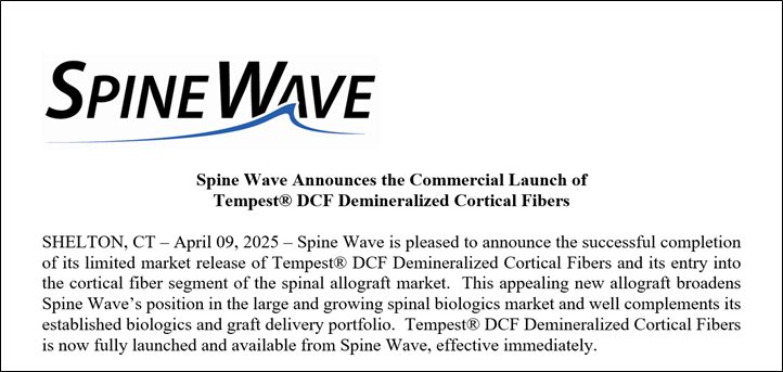 Spine Wave is excited to announce the launch of the Tempest® DCF Demineralized Cortical Fibers!  Head over to our website (spinewave.com) to read the press release now! #SpineWave #SpineImplants #SpineSurgery #MedicalDevices #Biologics #CorticalFibers #Allograft #Bone
