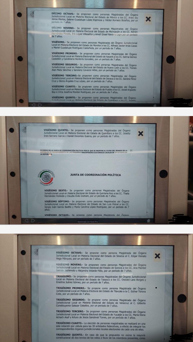 letroblesrosa's tweet photo. Así los nombres de los magistrados electorales estatales que el pleno del @senadomexicano aprobará hoy.

Hay confianza en Morena en que en esta ocasión tendrán los votos necesarios.

La priista @caroviggiano asegura que Morena obliga a sus senadores a mostrar su voto, pese a que es secreto.
