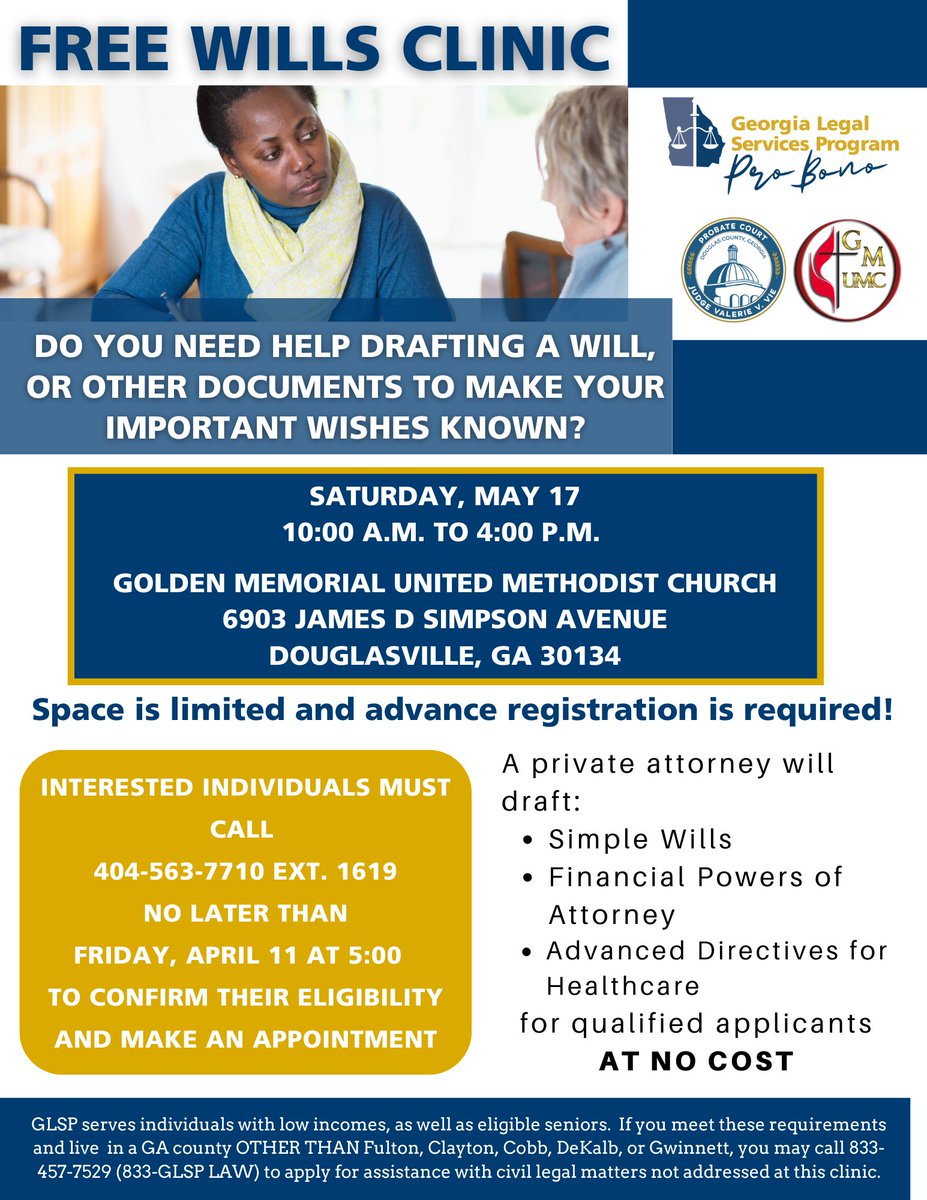 Do you need help drafting a will, or other documents to make your important requests known? Register today for our FREE clinic in Douglasville on May 17th- see more details in the graphic.