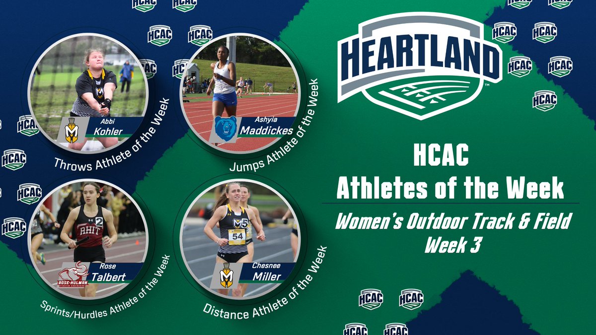 Heartland Collegiate Athletic Conference (@hcacdiii) on Twitter photo HCAC Women's Outdoor Track & Field | Athletes of the Week
Congrats!
Throws: A. Kohler, <a href="/MUSpartans/">Manchester University Athletics</a>
Jumps: A. Maddickes, <a href="/Berea_Athletics/">Berea College Athletics</a>
Sprints/Hurdles: R. Talbert, @RHITsports
Distance: C. Miller, <a href="/MUSpartans/">Manchester University Athletics</a>
🔗: tinyurl.com/mt3f55hd
#TheHeartOfD3 | #D3TF HCAC Women's Outdoor Track & Field | Athletes of the Week
Congrats!
Throws: A. Kohler, <a href="/MUSpartans/">Manchester University Athletics</a>
Jumps: A. Maddickes, <a href="/Berea_Athletics/">Berea College Athletics</a>
Sprints/Hurdles: R. Talbert, @RHITsports
Distance: C. Miller, <a href="/MUSpartans/">Manchester University Athletics</a>
🔗: tinyurl.com/mt3f55hd
#TheHeartOfD3 | #D3TF