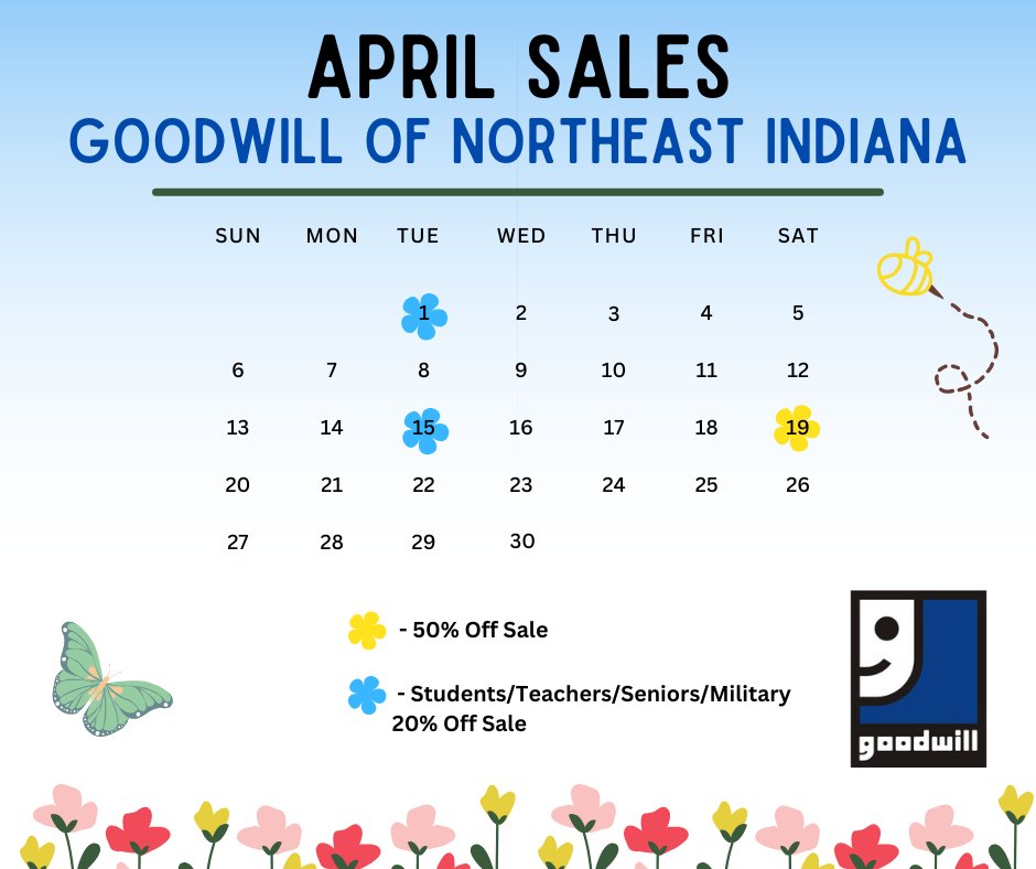 GoodwillofNEIN's tweet photo. April is here and so are the sales! Please visit https://t.co/ztwe1PVCgs to find your nearest location. https://t.co/bPtnh9BsAm
