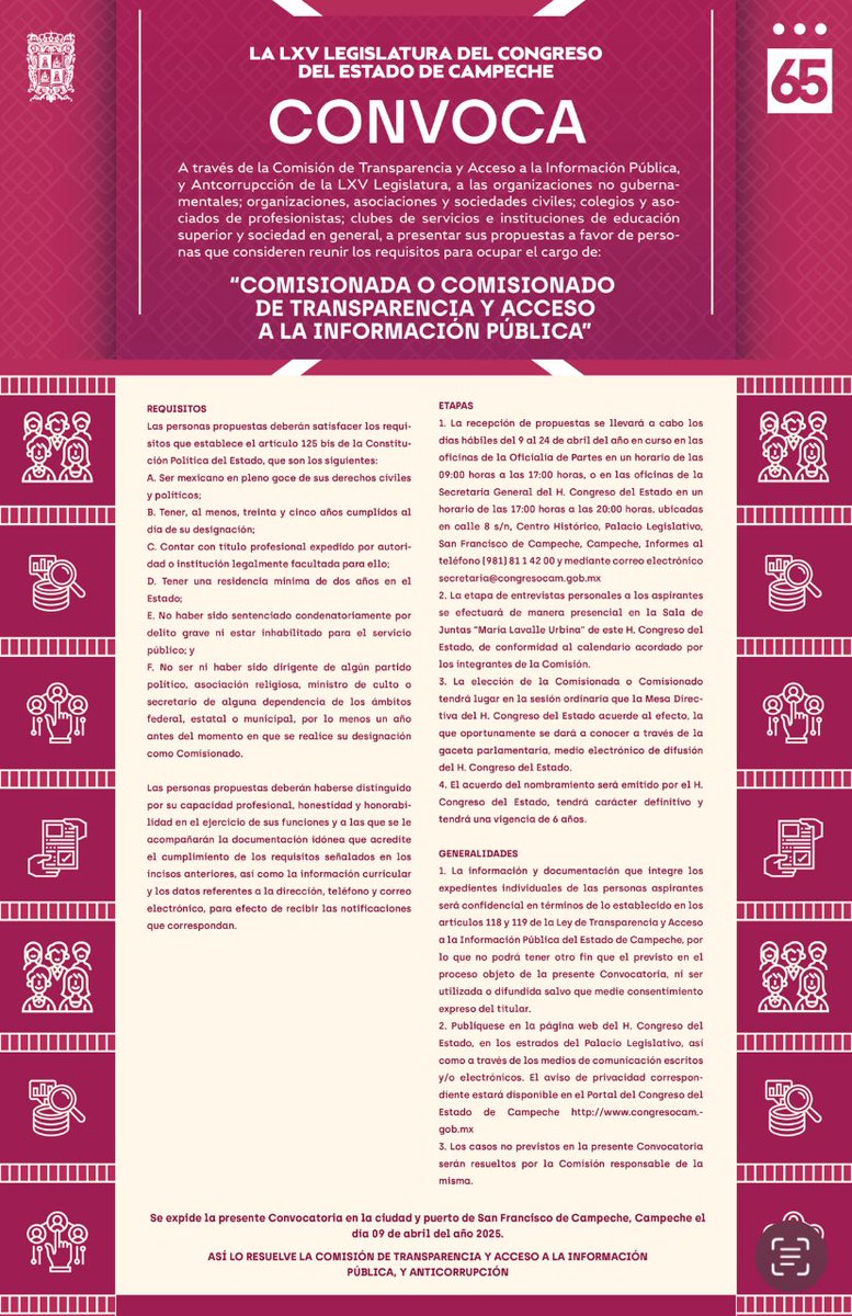 LegislaturaCamp's tweet image. #65Legislatura | Presenta el Poder Legislativo Convocatoria para elegir a un integrante de la #COTAIPEC.

🗓️ La recepción de propuestas se llevará a cabo del 9 al 24 de abril.

📍 Información facebook.com/share/p/1C6wM2…