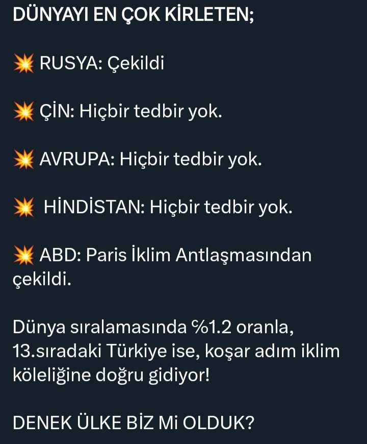 GEÇMİŞ OLSUN TÜRKİYE'M

"İklim Kanunu" denilen Küreselci dayatmayı onaylayan vekillerin bir sonraki seçim öncesi yapacakları açıklama:

"Neyi onayladığımdan haberim yoktu. Aldatılmışım, özür dilerim."

#İklimTasmasınaHayır