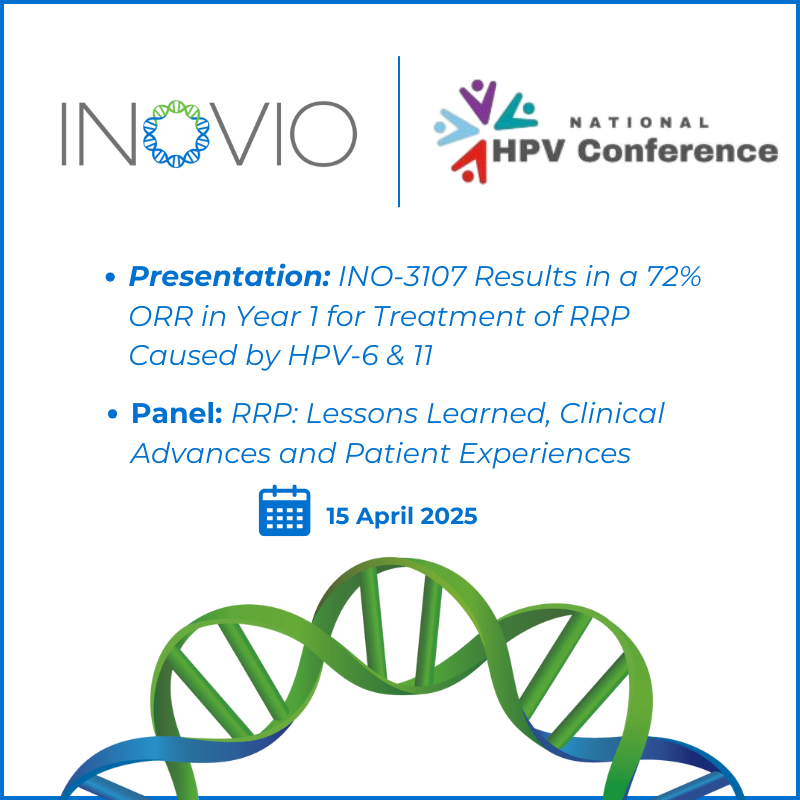 InovioPharma's tweet photo. 📣DNA medicine in the spotlight this month: upcoming presentations will cover clinical data from our lead candidate for RRP (INO-3107) &amp; our novel DMAb technology, with Inovio also joining other leading voices in HPV research at #NHPVC25. Read more: https://t.co/3niem26P8m https://t.co/h9hKwAB9jD