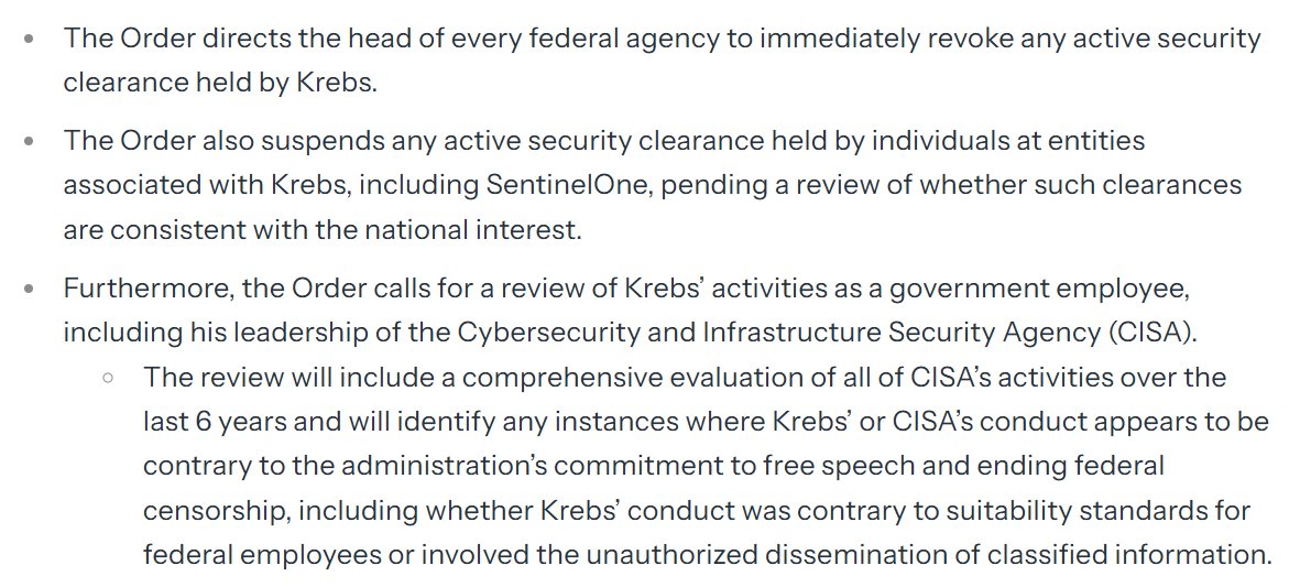 Trump going after his former CISA director <a href="/C_C_Krebs/">Chris Krebs</a>, who debunked his 2020 lies. He just ordered a probe of Krebs' leadership of CISA (including any "censorship"), revoked Krebs' clearances, and suspended his <a href="/SentinelOne/">SentinelOne</a> colleagues' clearances. whitehouse.gov/fact-sheets/20…