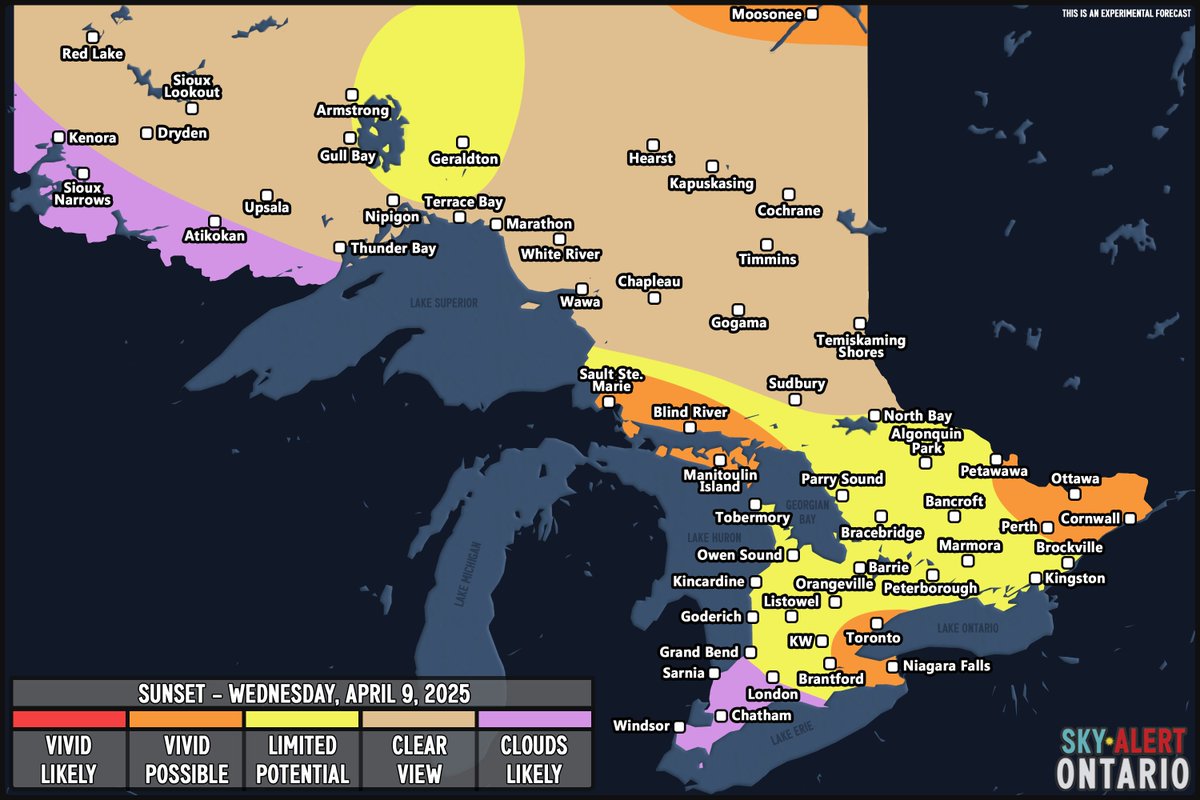 SkyAlertOntario's tweet photo. SUNSET FORECAST | April 9, 2025

This forecast is designed for photographers. Follow Sky Alert Ontario on Facebook for detailed forecasts! 

#sunriseforecast #sunsetforecast #skywacther #sunriselovers #sunsetlovers #landscapephotography #ontariophotography #weatherforecast https://t.co/Cpj9N6yiYt