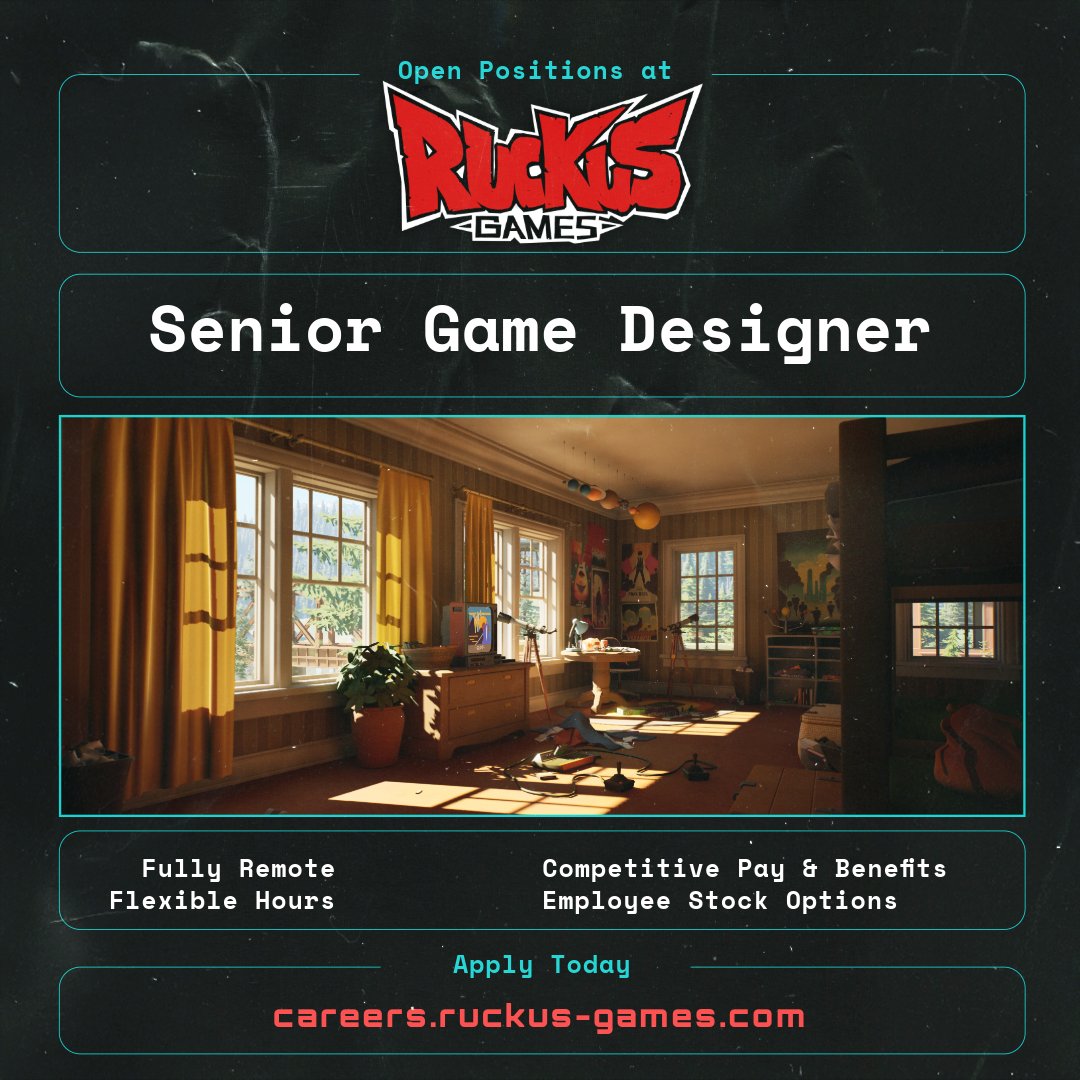 ruckus_games's tweet image. #GameDevJob Alert!
We're looking for a Senior Game Designer to join us in our mission to create the radest co-operative multiplayer experience! 
Some benefits include:
🏡 Fully remote! 
💰 Competitive Salary and Benefits
📈 Employee Stock Options
Apply today at:…