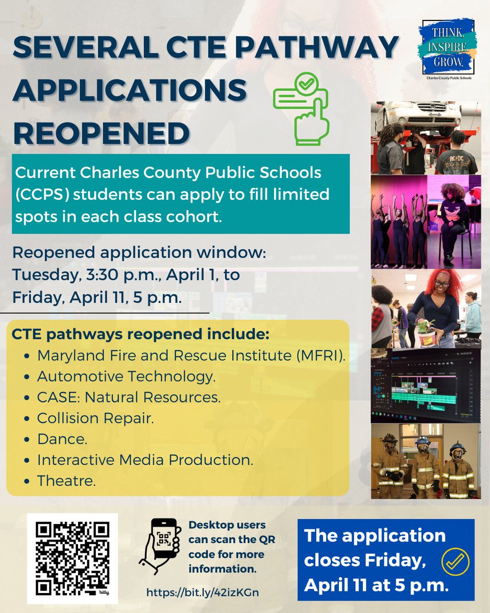 Career and Technical Education (CTE) pathway applications for the Maryland Fire &amp; Rescue Institute, Automotive Technology, CASE: Natural Resources, Collision Repair, Dance, Theatre, and Interactive Media have reopened for current Charles County Public Schools (CCPS) students to