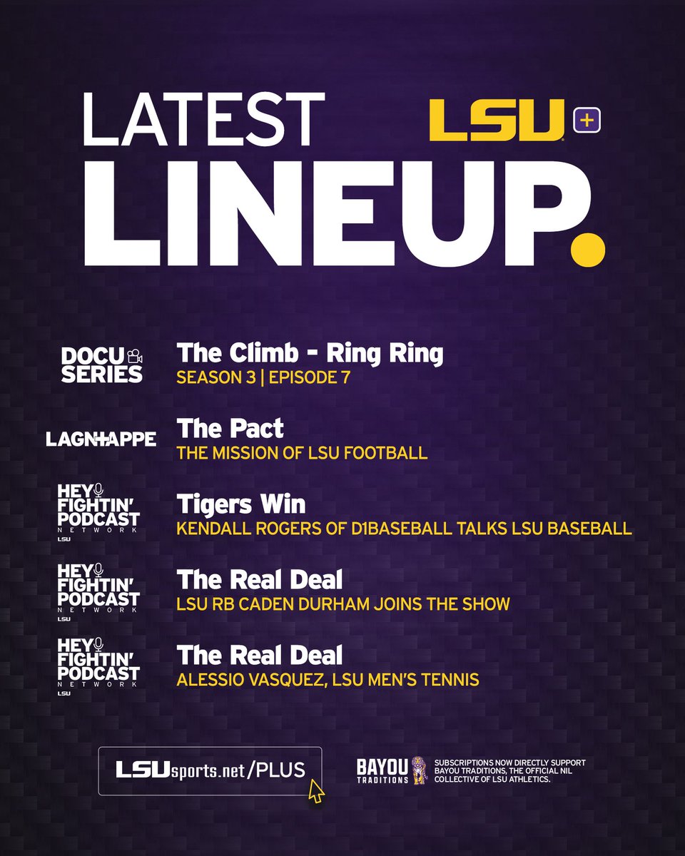 LSU Plus (@lsu_plus) on Twitter photo Catch up on all the latest ‡οΈ
- The Climb with <a href="/LSUgym/">LSU Gymnastics</a>
- Behind-the-scenes with <a href="/LSUfootball/">LSU Football</a>
- Podcasts. Lots of podcasts.
lsul.su/lsuplus Catch up on all the latest ‡οΈ
- The Climb with <a href="/LSUgym/">LSU Gymnastics</a>
- Behind-the-scenes with <a href="/LSUfootball/">LSU Football</a>
- Podcasts. Lots of podcasts.
lsul.su/lsuplus