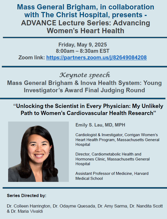 MGH Corrigan Women's Heart Health Program (@mghwomenheart) on Twitter photo Please join us on Friday, May 9th at 8am EST! Mass General Brigham, in collaboration with The Christ Hospital, will be hosting the ADVANCE Lecture Series: Advancing Women's Heart Health. This month's speaker will be <a href="/emilyswlau/">Emily Lau, MD, MPH</a> 🫀🩺<a href="/OdaymeMD/">Odayme Quesada, MD</a> <a href="/NanditaScottMD/">Nandita Scott</a> <a href="/sarma_amy/">Amy Sarma</a> Please join us on Friday, May 9th at 8am EST! Mass General Brigham, in collaboration with The Christ Hospital, will be hosting the ADVANCE Lecture Series: Advancing Women's Heart Health. This month's speaker will be <a href="/emilyswlau/">Emily Lau, MD, MPH</a> 🫀🩺<a href="/OdaymeMD/">Odayme Quesada, MD</a> <a href="/NanditaScottMD/">Nandita Scott</a> <a href="/sarma_amy/">Amy Sarma</a>