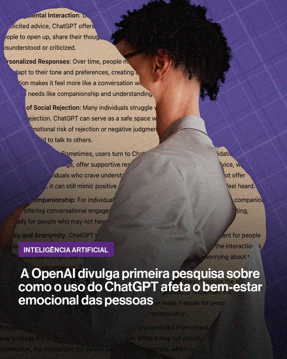 A OpenAI e o MIT Media Lab investigaram o impacto emocional do ChatGPT. Usuários com maior vínculo relataram maior solidão e dificuldade em interações sociais. Confira o artigo completo no site da MIT Technology Review Brasil: mittechreview.com.br/chatgpt-bem-es…