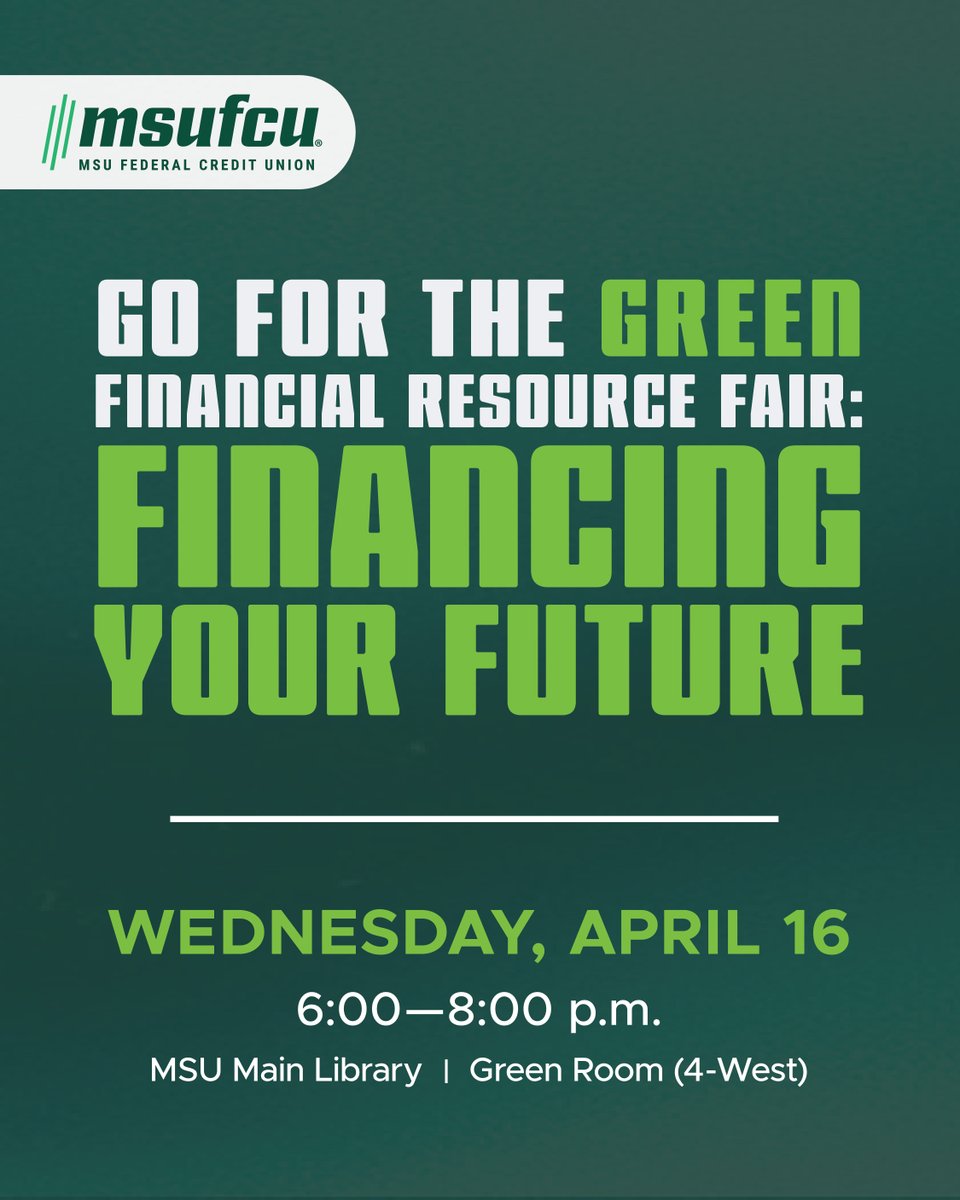 MSUHDFS's tweet photo. Enjoy complimentary food, drinks and prizes while you enter for a chance to earn scholarships and learn how to manage your finances at the Go for the Green Resource Fair, Wednesday, April 16, 6-8 p.m. Learn more: https://t.co/yo1ZadZNt8 #MSUHDFS #MSUSocialScience #Go4Green https://t.co/TdG5yieZGJ