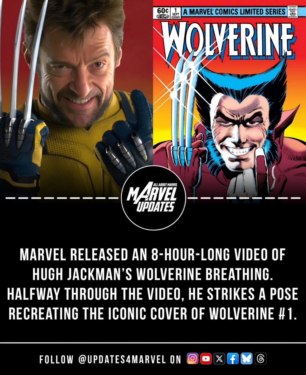 Updates4Marvel's tweet photo. Marvel released an 8-hour-long video of Hugh Jackman’s Wolverine breathing.

Halfway through, he strikes a pose recreating the iconic cover of WOLVERINE #1.
#Wolverine #HughJackman #Marvel #MCU #XMen #Wolverine1 https://t.co/Iws9QXNgZB