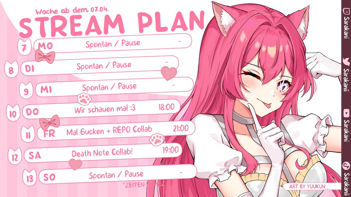 Hallu!!! Streamplan Time! 

❓Morgen schauen wir mal und ansonsten stehen diese Woche sehr viele Collabs an yaaay. <3

Death Note Game bei <a href="/Niju_VT/">𝒩𝒾𝒿𝓊 𝐸𝓃𝑔𝒾</a> 🌟

und REPO bei <a href="/TheStrangeJoshi/">TheStrangeJoshi | Snowfox VTuber</a> 🌟

#Twitch #Schedule #VTuber #GERVTuber